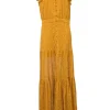 Yellow eyelet polyester flutter sleeve button-loop front maxi dress with ruffled collar and tiered skirt