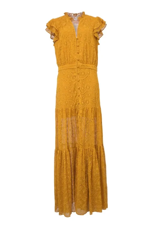 Yellow eyelet polyester flutter sleeve button-loop front maxi dress with ruffled collar and tiered skirt