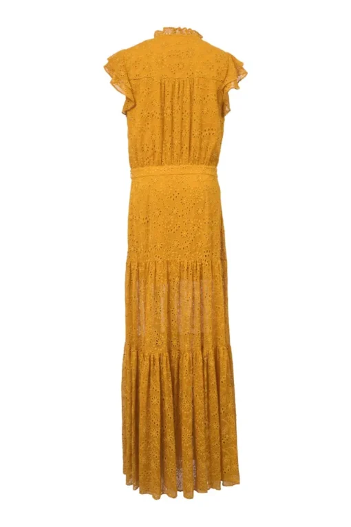 Yellow eyelet polyester flutter sleeve button-loop front maxi dress with ruffled collar and tiered skirt
