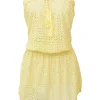 Yellow eyelet polyester strapless blouson cover-up with drawstring bustline