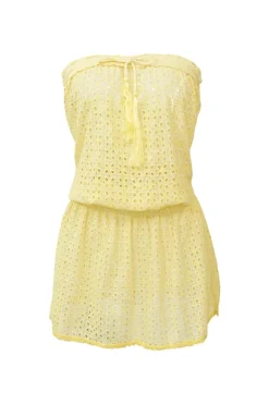 Yellow eyelet polyester strapless blouson cover-up with drawstring bustline