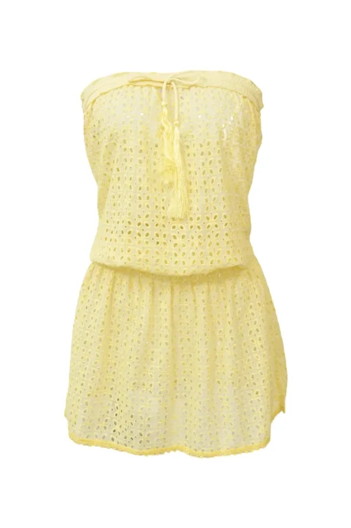 Yellow eyelet polyester strapless blouson cover-up with drawstring bustline