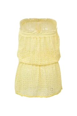 Yellow eyelet polyester strapless blouson cover-up with drawstring bustline