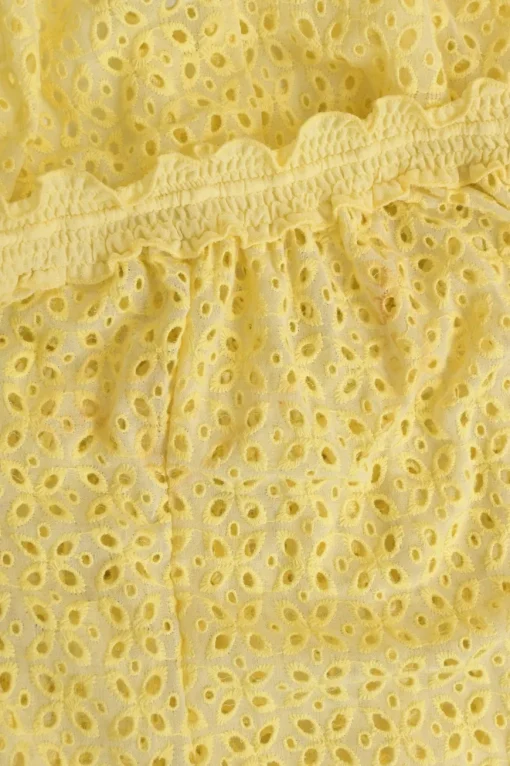 Yellow eyelet polyester strapless blouson cover-up with drawstring bustline