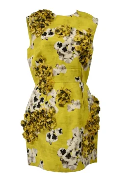 Yellow floral print sleeveless sheath dress with tonal 3D floral appliqué