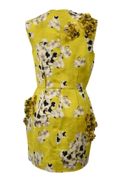 Yellow floral print sleeveless sheath dress with tonal 3D floral appliqué