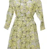 Yellow floral-embroidered polyester-blend semi-sheer organza peek-a-boo A-line shirt dress