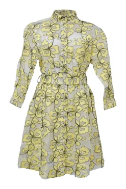 Yellow floral-embroidered polyester-blend semi-sheer organza peek-a-boo A-line shirt dress