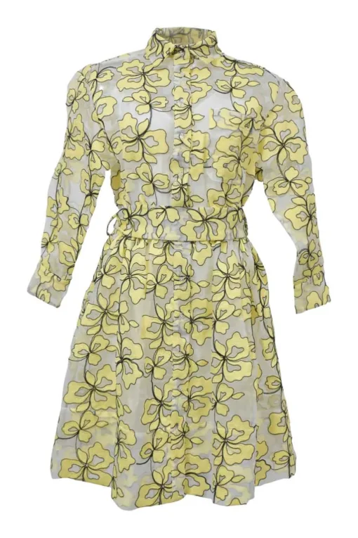 Yellow floral-embroidered polyester-blend semi-sheer organza peek-a-boo A-line shirt dress