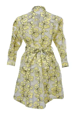 Yellow floral-embroidered polyester-blend semi-sheer organza peek-a-boo A-line shirt dress