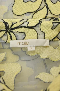 Yellow floral-embroidered polyester-blend semi-sheer organza peek-a-boo A-line shirt dress