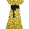 Yellow floral-print tie waist wrap-effect maxi dress