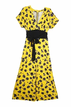 Yellow floral-print tie waist wrap-effect maxi dress