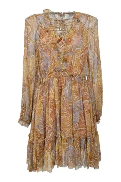 Yellow frill-trimmed semi-sheer georgette abstract print plunge neck lace-up mini dress with blouson sleeves