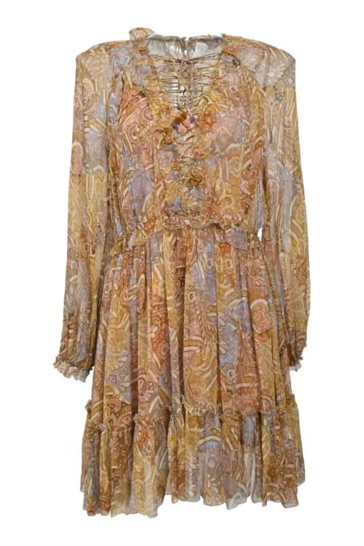 Yellow frill-trimmed semi-sheer georgette abstract print plunge neck lace-up mini dress with blouson sleeves