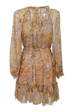 Yellow frill-trimmed semi-sheer georgette abstract print plunge neck lace-up mini dress with blouson sleeves