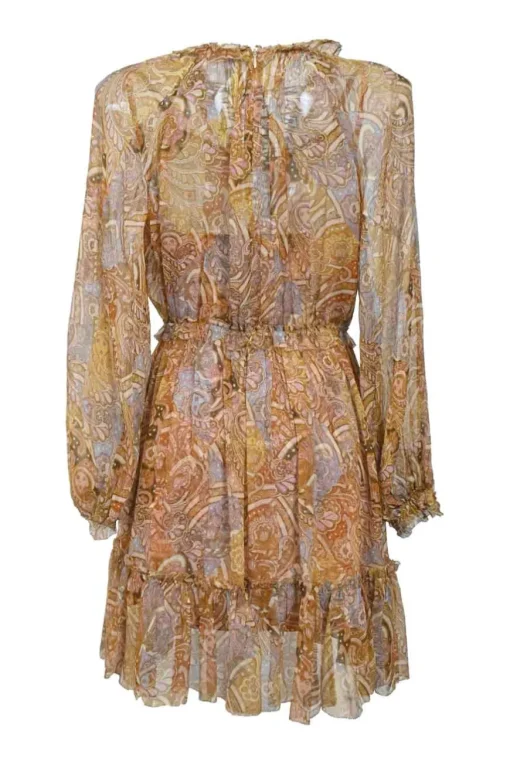 Yellow frill-trimmed semi-sheer georgette abstract print plunge neck lace-up mini dress with blouson sleeves