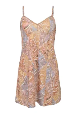 Yellow frill-trimmed semi-sheer georgette abstract print plunge neck lace-up mini dress with blouson sleeves