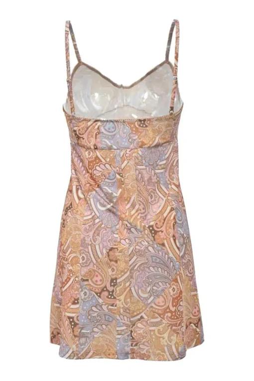 Yellow frill-trimmed semi-sheer georgette abstract print plunge neck lace-up mini dress with blouson sleeves
