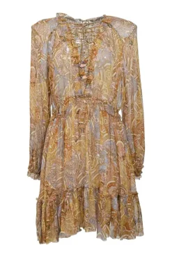 Yellow frill-trimmed semi-sheer georgette abstract print plunge neck lace-up mini dress with blouson sleeves
