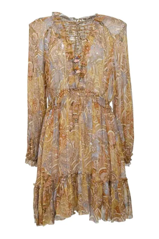 Yellow frill-trimmed semi-sheer georgette abstract print plunge neck lace-up mini dress with blouson sleeves