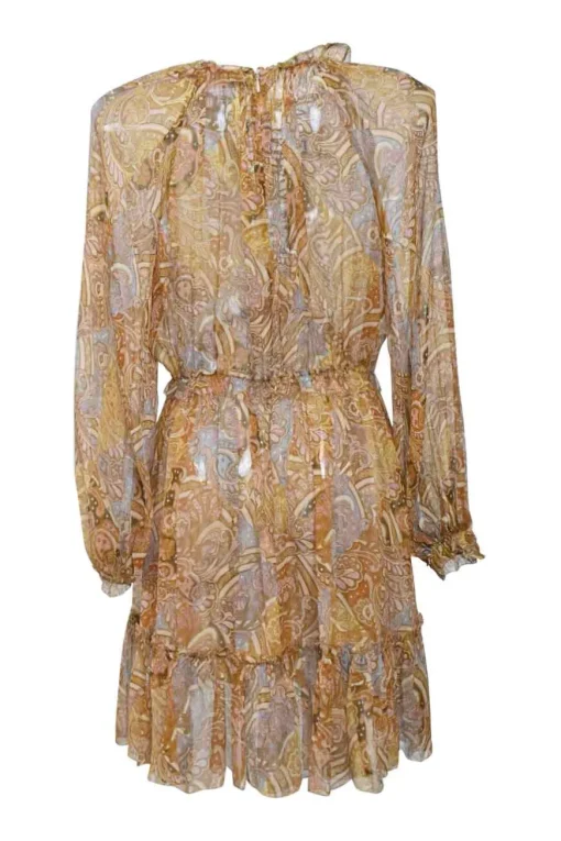 Yellow frill-trimmed semi-sheer georgette abstract print plunge neck lace-up mini dress with blouson sleeves