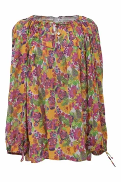 Yellow gathered cotton lawn paisley floral print tie-neck keyhole-front long sleeve swing-style blouse