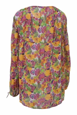 Yellow gathered cotton lawn paisley floral print tie-neck keyhole-front long sleeve swing-style blouse