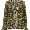 Yellow GG mohair wool-blend fantasy bouclé tweed fringe crewneck cardigan
