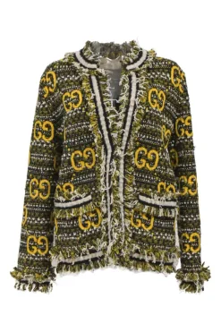 Yellow GG mohair wool-blend fantasy bouclé tweed fringe crewneck cardigan