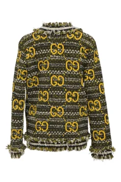Yellow GG mohair wool-blend fantasy bouclé tweed fringe crewneck cardigan