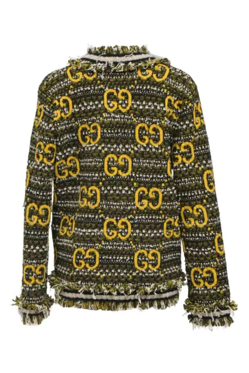 Yellow GG mohair wool-blend fantasy bouclé tweed fringe crewneck cardigan