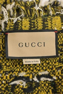Yellow GG mohair wool-blend fantasy bouclé tweed fringe crewneck cardigan
