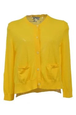 Yellow interlock jersey button-front cardigan