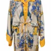 Yellow Intrigue-print silk kimono shirt with flap collar and tassel motif