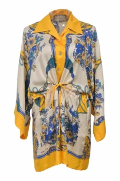 Yellow Intrigue-print silk kimono shirt with flap collar and tassel motif