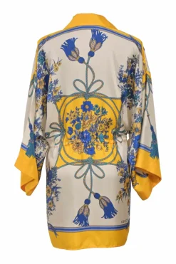 Yellow Intrigue-print silk kimono shirt with flap collar and tassel motif