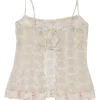 Yellow lace-trimmed semi-sheer cotton voile camellia print tie-back camisole with fixed straps