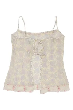 Yellow lace-trimmed semi-sheer cotton voile camellia print tie-back camisole with fixed straps
