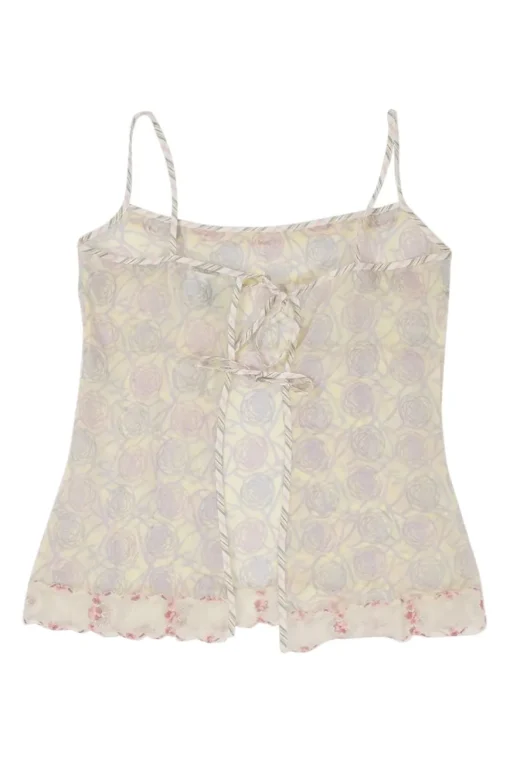 Yellow lace-trimmed semi-sheer cotton voile camellia print tie-back camisole with fixed straps