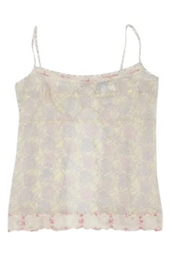 Yellow lace-trimmed semi-sheer cotton voile camellia print tie-back camisole with fixed straps