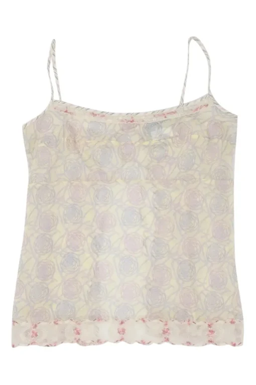 Yellow lace-trimmed semi-sheer cotton voile camellia print tie-back camisole with fixed straps