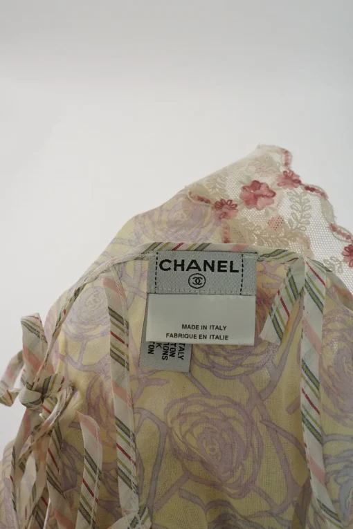 Yellow lace-trimmed semi-sheer cotton voile camellia print tie-back camisole with fixed straps
