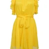 Yellow layered silk flutter sleeve tie-waist A-line mini dress