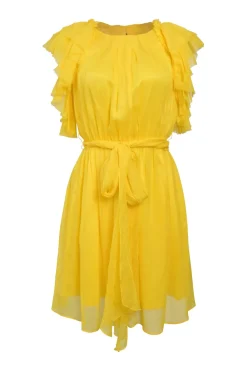 Yellow layered silk flutter sleeve tie-waist A-line mini dress