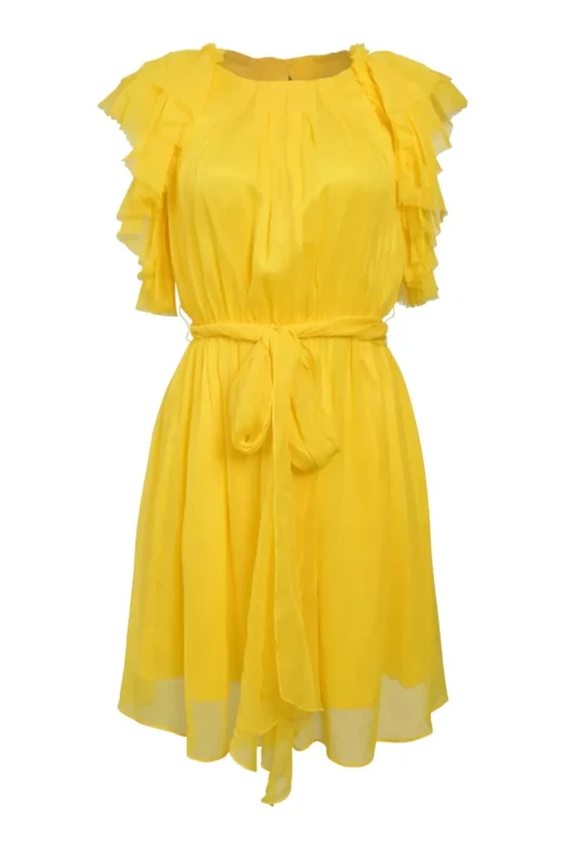 Yellow layered silk flutter sleeve tie-waist A-line mini dress