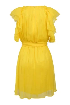 Yellow layered silk flutter sleeve tie-waist A-line mini dress