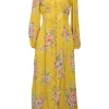 Yellow linen floral print stand collar plunge neck button-loop empire-waist midi dress with blouson sleeves