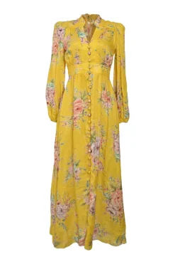 Yellow linen floral print stand collar plunge neck button-loop empire-waist midi dress with blouson sleeves
