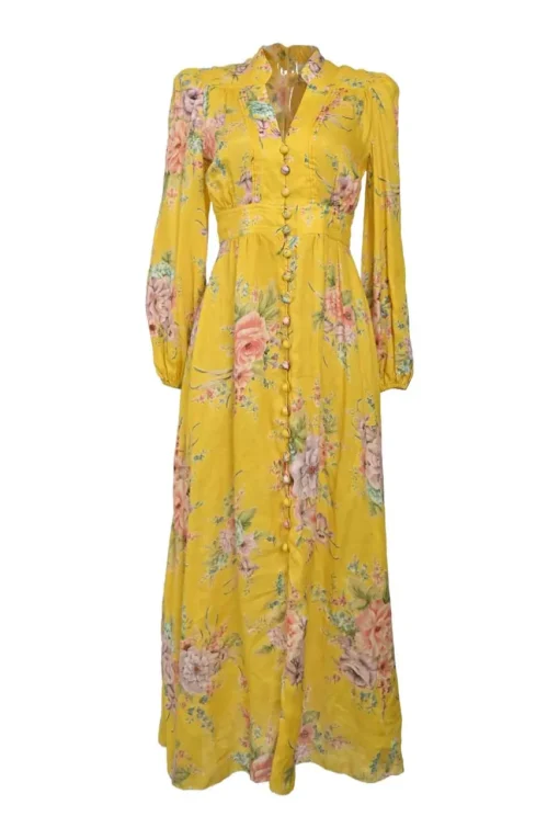 Yellow linen floral print stand collar plunge neck button-loop empire-waist midi dress with blouson sleeves